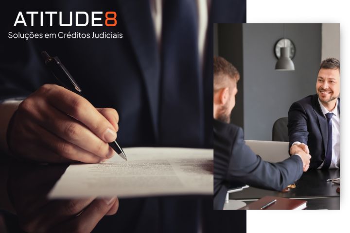 Advogado assinando documento judicial de precatório, ambiente corporativo elegante em tons de azul-marinho, foco na caneta e no papel, fotografia realista profissional